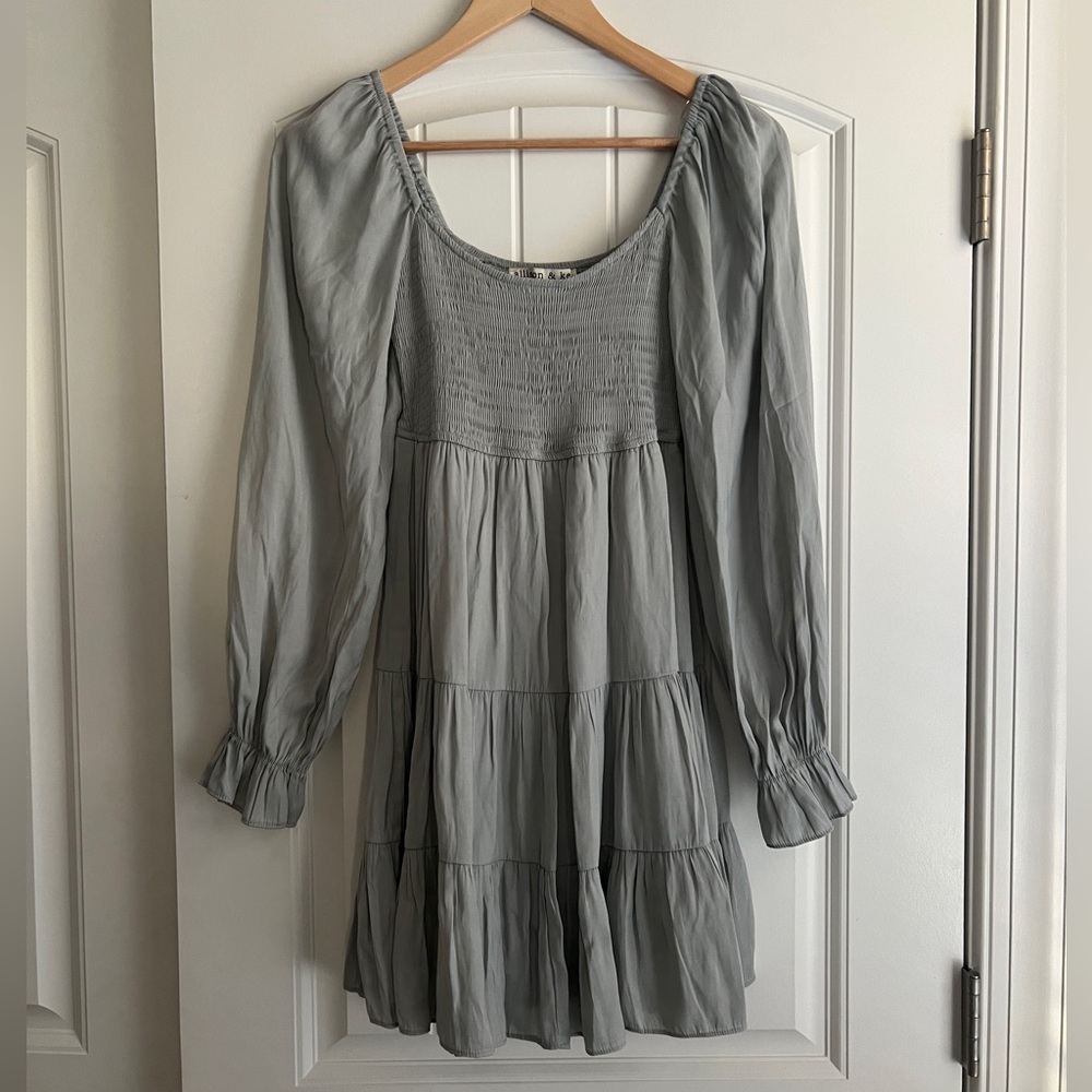 Allison & Kelly long-sleeve smocked tiered babydoll dress in gray